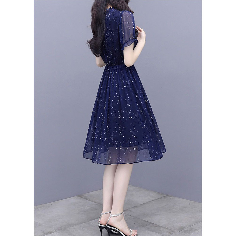 Suvine uus elegantne moetrükk vöökoha rüü Femme lühikeste varrukatega volangidega, pitsidega Midi Vestidos naiste temperamentne šifoonkleit