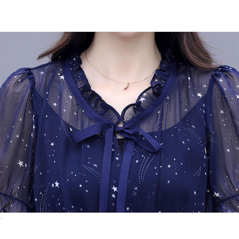 Suvine uus elegantne moetrükk vöökoha rüü Femme lühikeste varrukatega volangidega, pitsidega Midi Vestidos naiste temperamentne šifoonkleit