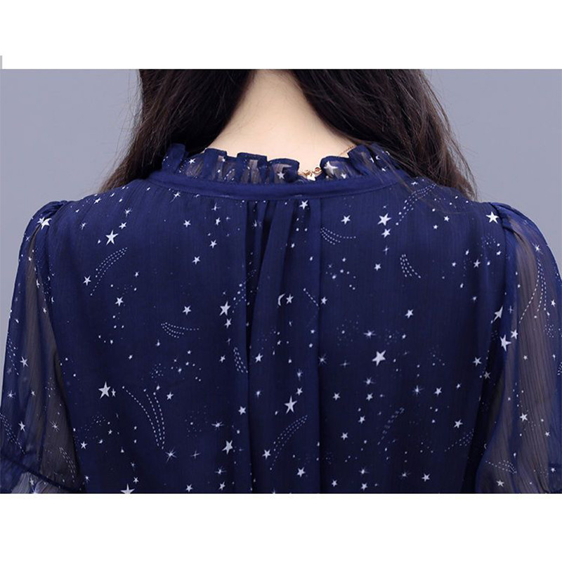 Suvine uus elegantne moetrükk vöökoha rüü Femme lühikeste varrukatega volangidega, pitsidega Midi Vestidos naiste temperamentne šifoonkleit