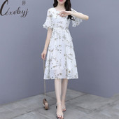 Ženska slatka haljina od šifona s O-izrezom 2022. Elegantna haljina kratkih rukava s cvjetnim printom, šik, midi haljina s temperamentnim volanima