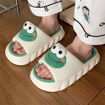Дамски анимационни чехли с жаби Зимни топли вътрешни домашни пързалки Лен Дебела подметка Двойка чехли Спалня Обувки против хлъзгане Сандали