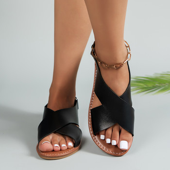 Нови дамски сандали от 2024 г. Летни плоски обувки с каишка с катарама Дамски плажни обувки Плътна каишка на гърба Дамски сандали с отворени пръсти Плюс размер 43