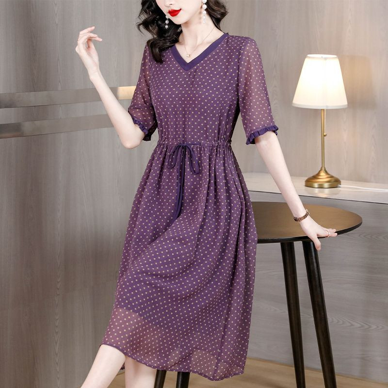 Elegantne V-kaelusega trükitud Shirring Bandage täpiline midikleit Naiste riided 2024 suvi, uued vabad kontori naiste kleidid