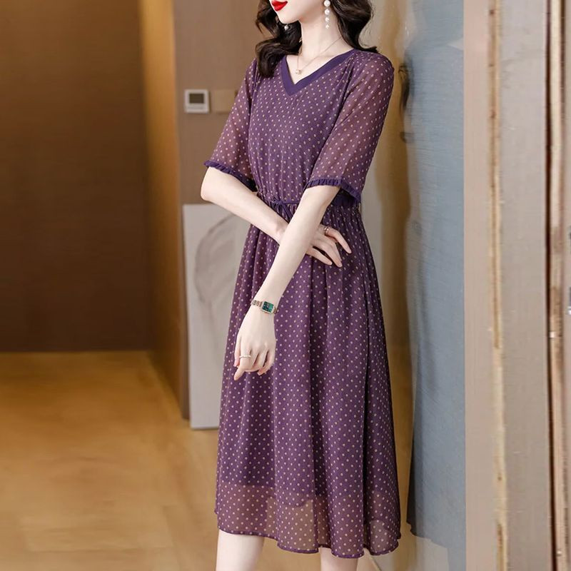 Elegantne V-kaelusega trükitud Shirring Bandage täpiline midikleit Naiste riided 2024 suvi, uued vabad kontori naiste kleidid