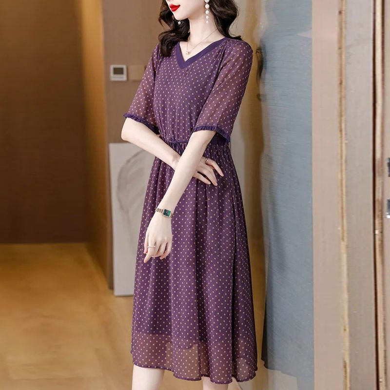 Elegantne V-kaelusega trükitud Shirring Bandage täpiline midikleit Naiste riided 2024 suvi, uued vabad kontori naiste kleidid