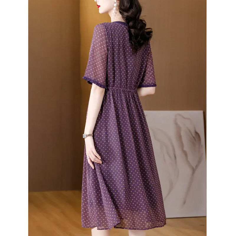 Elegantne V-kaelusega trükitud Shirring Bandage täpiline midikleit Naiste riided 2024 suvi, uued vabad kontori naiste kleidid