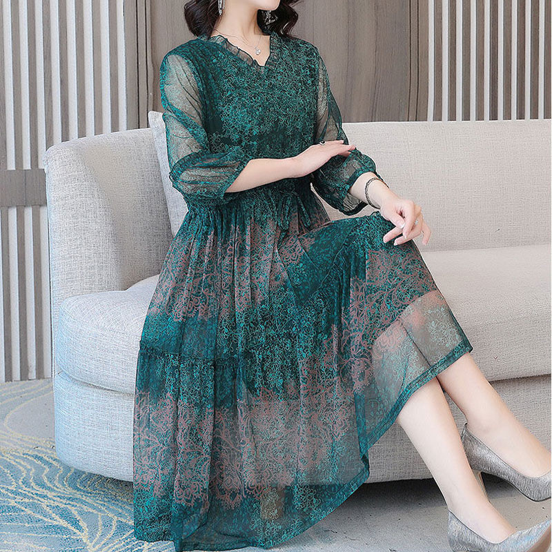 Mood Folk trükitud splaissitud kleidid Vintage suvised poolvarrukatega naiste riided marli A-joon vöökoht Elegantne V-kaelusega Midi kleit Uus