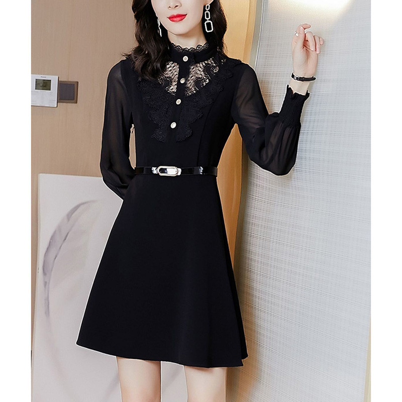 Elegantna mini haljina s dugmadima i izdubljenom čipkom, ženska odjeća, nova jesen 2023., velika uredska haljina princeze