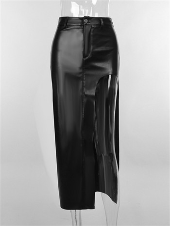 Simenual Cyber Y2K черни дълги поли с долнища от изкуствена пу кожа Секси парти пола с бодикон Шикозен костюм за рожден ден