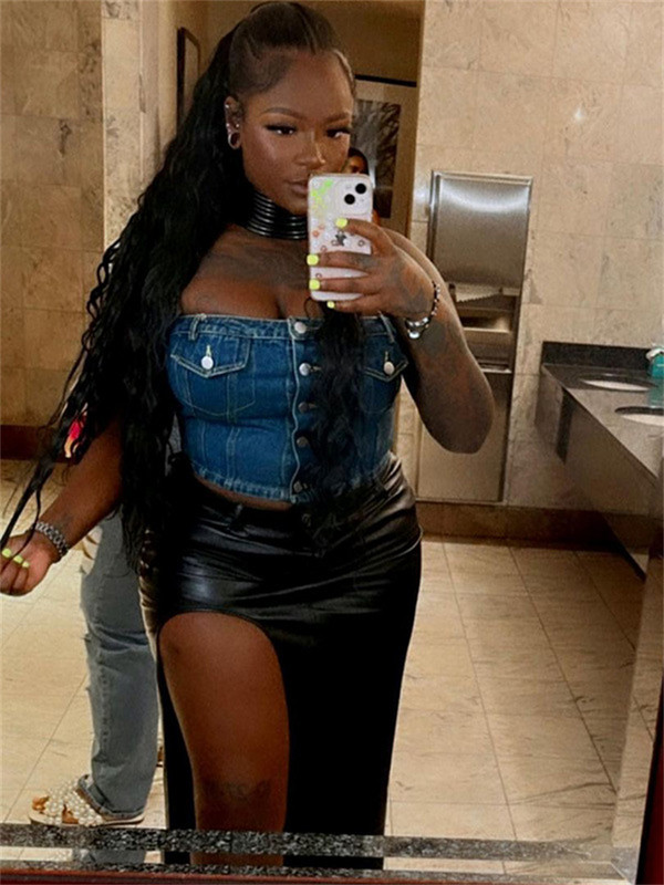 Simenual Cyber Y2K must kõrge lõhenemisega pikad seelikud Faux Pu nahast tänavariided, püksid Seksikas Bodycon peoseelik Šikk sünnipäevakomplekt