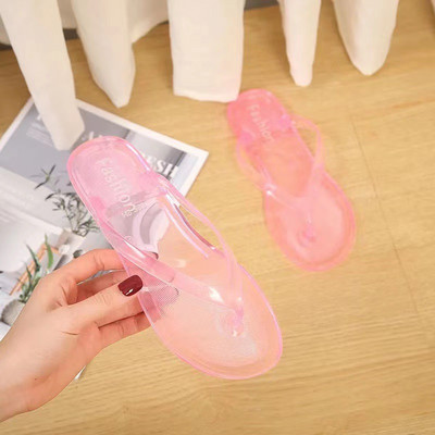 Flip-flops de plajă, sandale tanga pentru femei, pantofi cu jeleu de vară, pantofi transparente pentru fete, papuci plat anti-alunecare de modă solidă din PVC