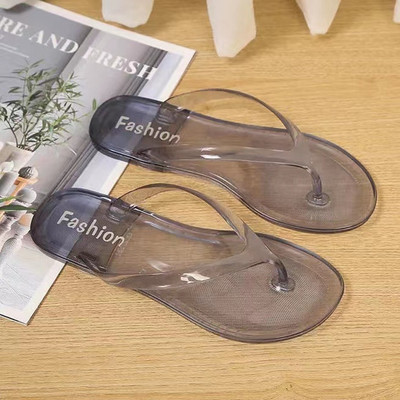 Flip-flops de plajă, sandale tanga pentru femei, pantofi cu jeleu de vară, pantofi transparente pentru fete, papuci plat anti-alunecare de modă solidă din PVC