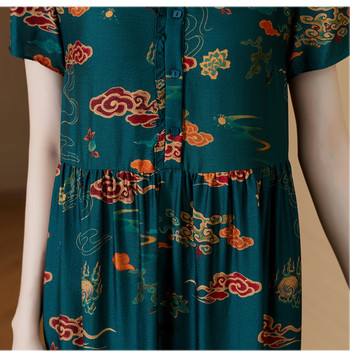 Флорална естествена коприна Midi Cheongsam рокля Лятна елегантна широка рокля с къс ръкав Дамска корейска ретро ежедневна парти рокля