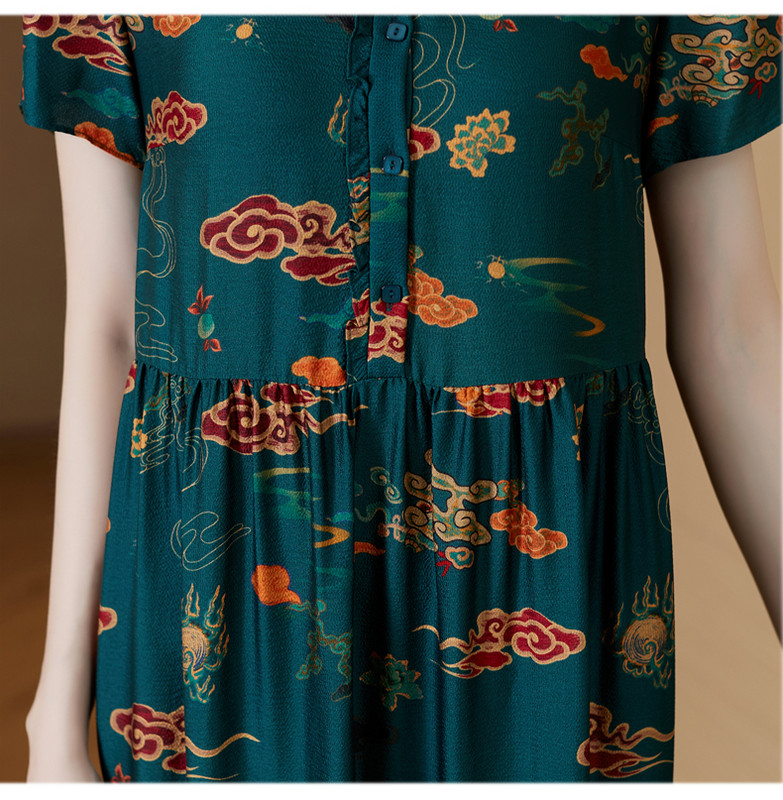 Ziedu dabīgā zīda Midi Cheongsam kleita vasarā ar īsām piedurknēm, eleganta brīva kleita sievietēm korejiešu vintage Casaul ballīšu kleita