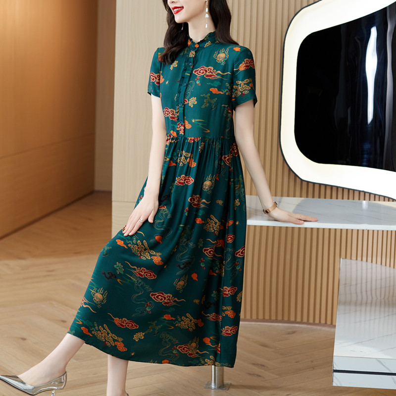 Ziedu dabīgā zīda Midi Cheongsam kleita vasarā ar īsām piedurknēm, eleganta brīva kleita sievietēm korejiešu vintage Casaul ballīšu kleita