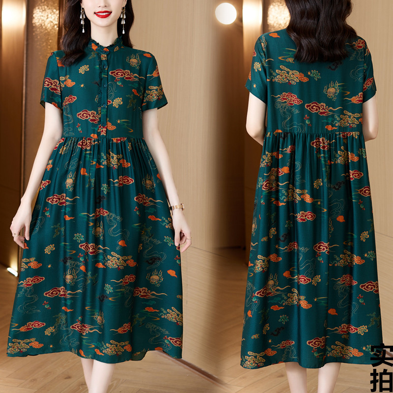 Ziedu dabīgā zīda Midi Cheongsam kleita vasarā ar īsām piedurknēm, eleganta brīva kleita sievietēm korejiešu vintage Casaul ballīšu kleita