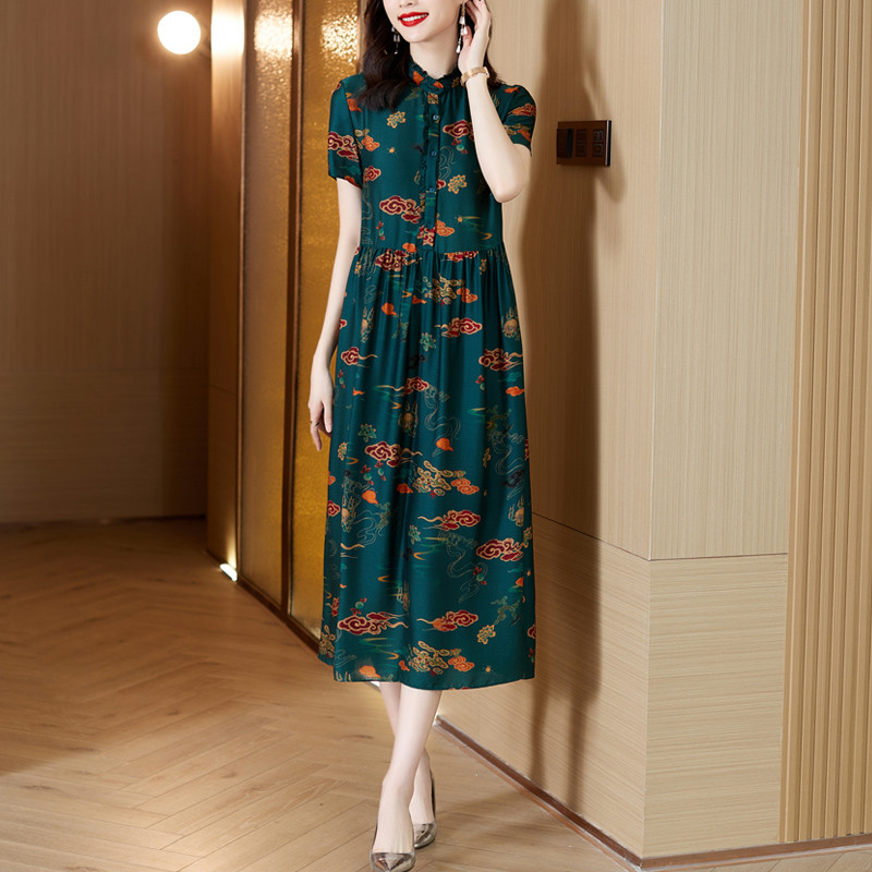 Ziedu dabīgā zīda Midi Cheongsam kleita vasarā ar īsām piedurknēm, eleganta brīva kleita sievietēm korejiešu vintage Casaul ballīšu kleita