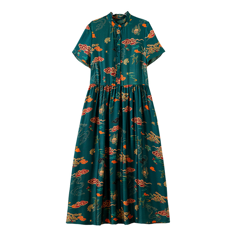 Ziedu dabīgā zīda Midi Cheongsam kleita vasarā ar īsām piedurknēm, eleganta brīva kleita sievietēm korejiešu vintage Casaul ballīšu kleita