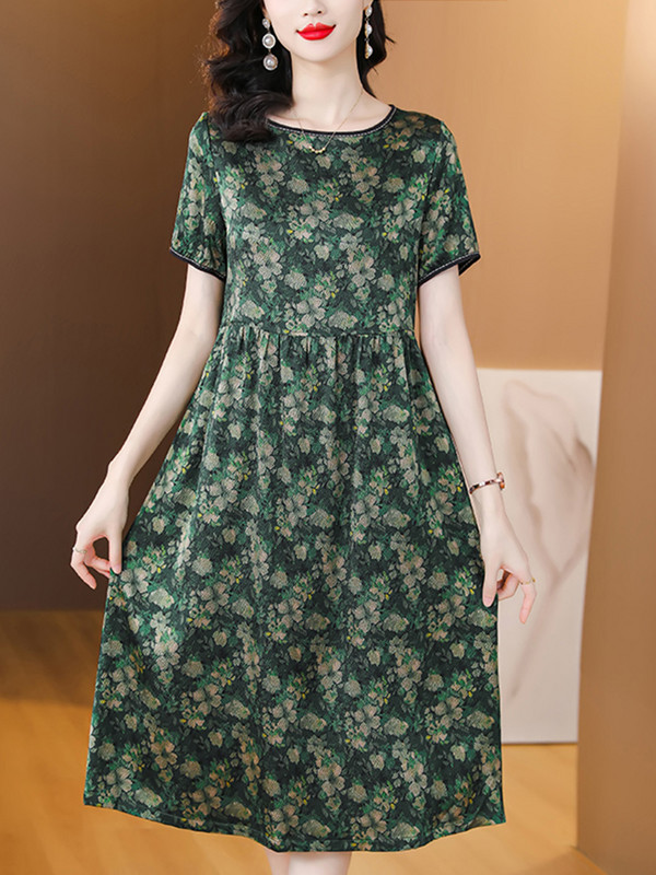 Rochie midi ocazională de vară pentru femei, elegante, mătase de dud, rochii vintage cu gâtul în formă de O, pentru petrecere florală 2024, designer de lux, modă coreeană