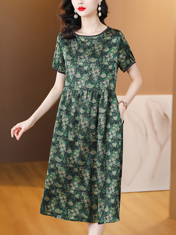 Rochie midi ocazională de vară pentru femei, elegante, mătase de dud, rochii vintage cu gâtul în formă de O, pentru petrecere florală 2024, designer de lux, modă coreeană