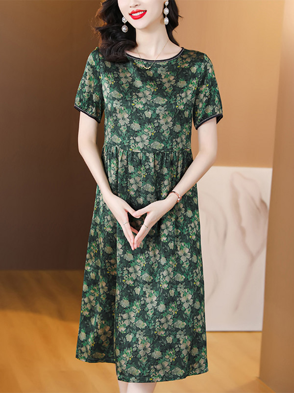 Rochie midi ocazională de vară pentru femei, elegante, mătase de dud, rochii vintage cu gâtul în formă de O, pentru petrecere florală 2024, designer de lux, modă coreeană