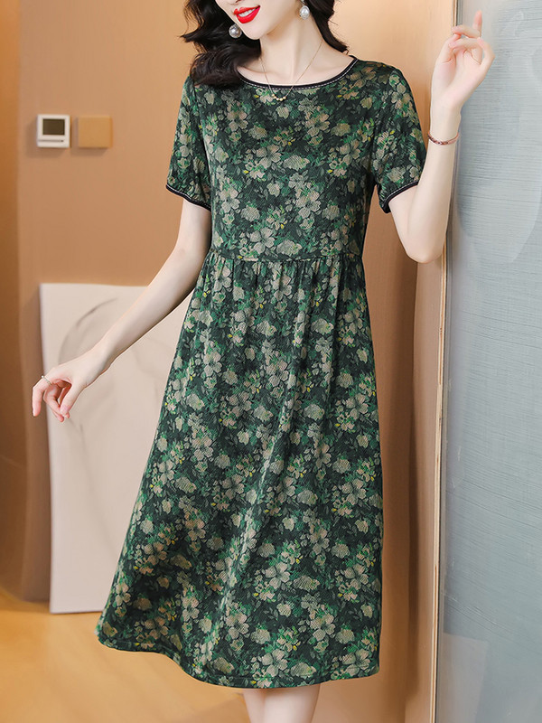 Rochie midi ocazională de vară pentru femei, elegante, mătase de dud, rochii vintage cu gâtul în formă de O, pentru petrecere florală 2024, designer de lux, modă coreeană