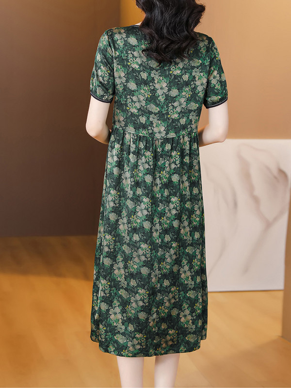 Rochie midi ocazională de vară pentru femei, elegante, mătase de dud, rochii vintage cu gâtul în formă de O, pentru petrecere florală 2024, designer de lux, modă coreeană