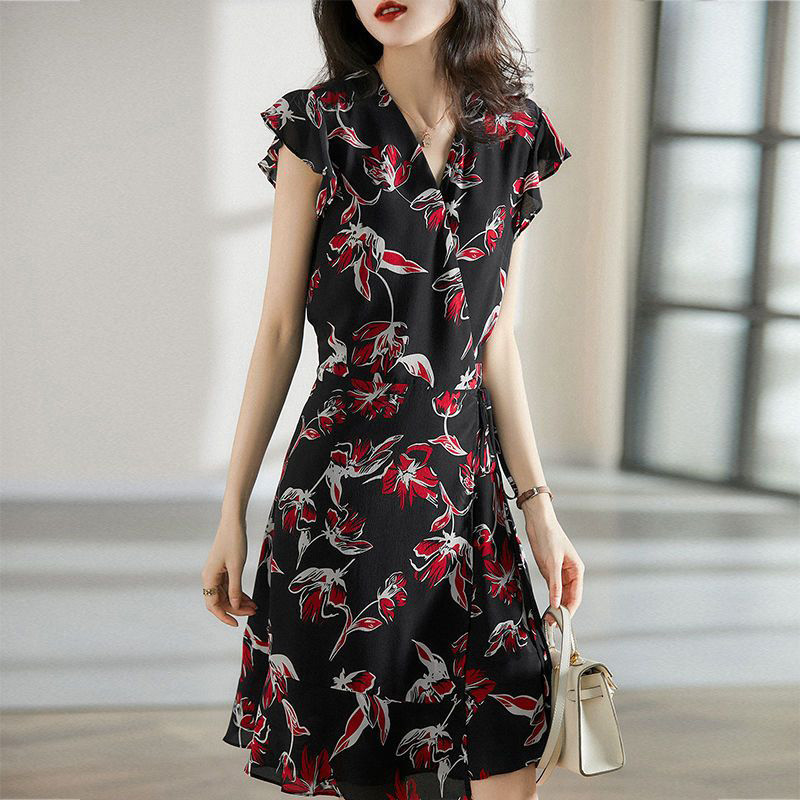 Elegantne V-kaelusega trükitud splaissitud lahtised volangid sidemega vibu minikleit Naiste riided 2023. aasta suve uus kontori naiste varrukateta kleit