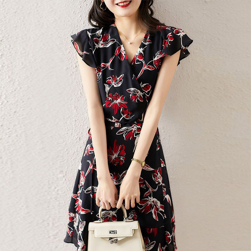 Elegantne V-kaelusega trükitud splaissitud lahtised volangid sidemega vibu minikleit Naiste riided 2023. aasta suve uus kontori naiste varrukateta kleit