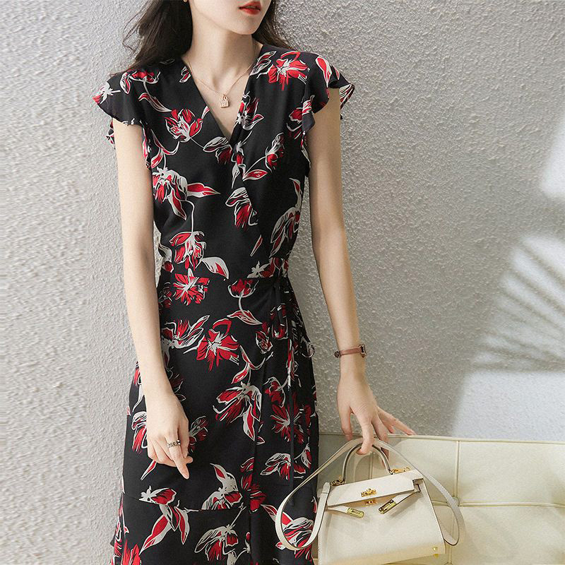 Elegantne V-kaelusega trükitud splaissitud lahtised volangid sidemega vibu minikleit Naiste riided 2023. aasta suve uus kontori naiste varrukateta kleit