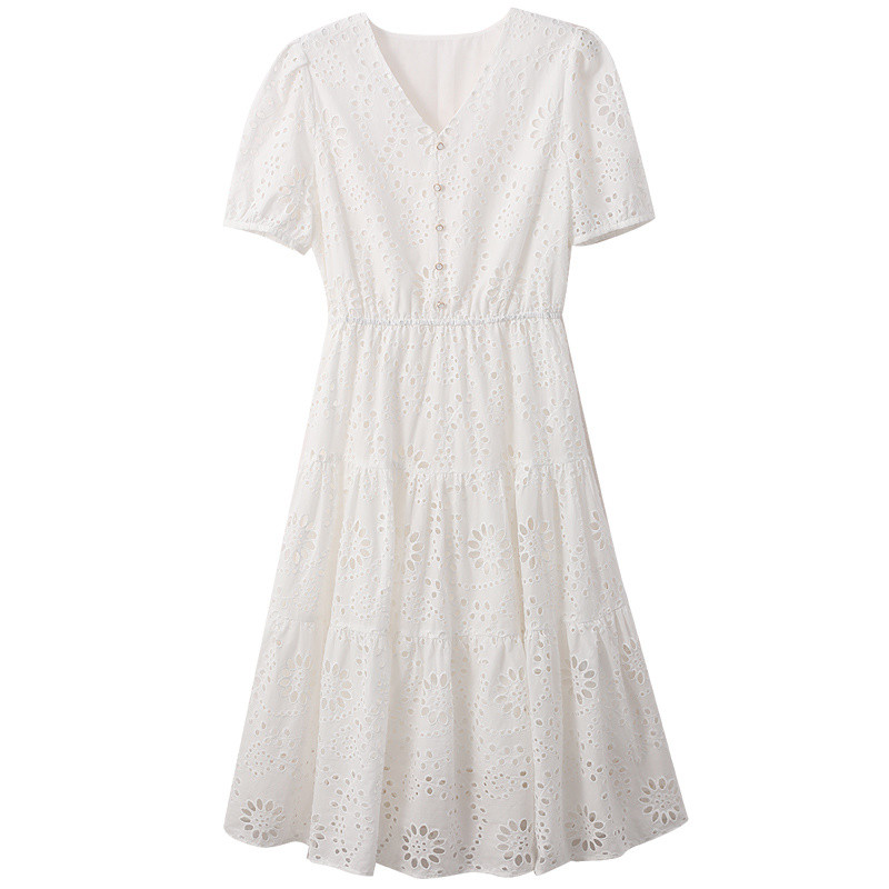 Naiste õõnsa tikandiga valged elegantsed peokleidid 2023. aasta suvised korea moe kleidid V kaelusega lühikeste varrukatega šikk õhuke midikleit Vestidos