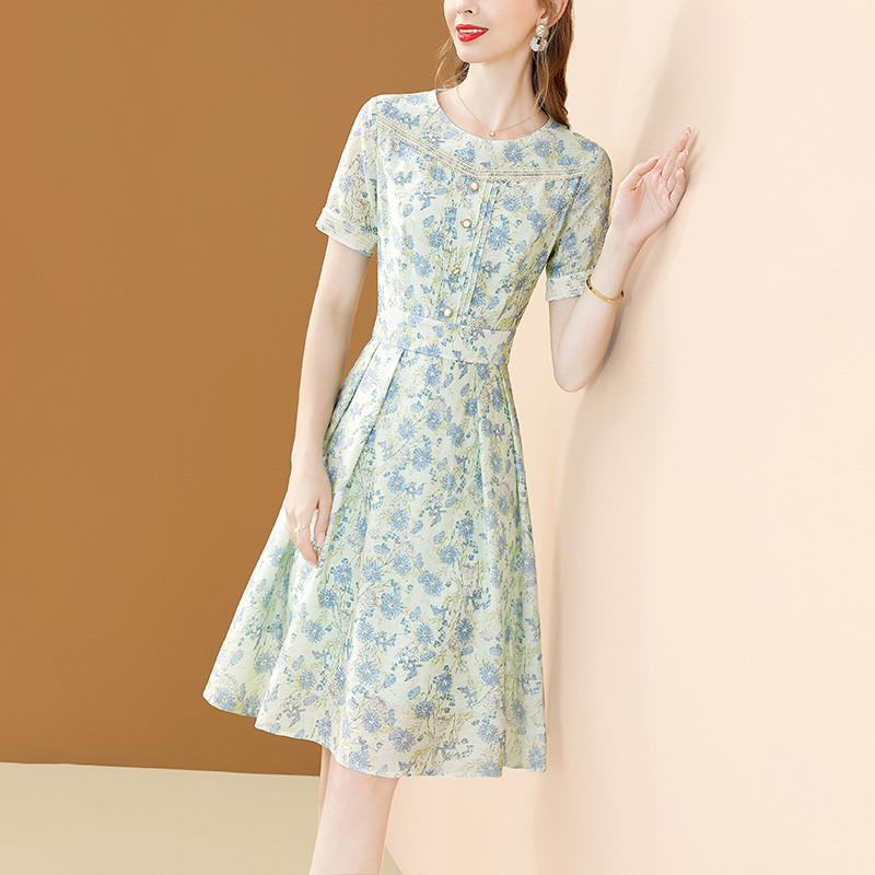 EVNISI Women Chic Floral Printing Πράσινο Φόρεμα Σιφόν Κομψό Γραφείο Fairy A-LINE Φορέματα Slim For Women Party Vestido