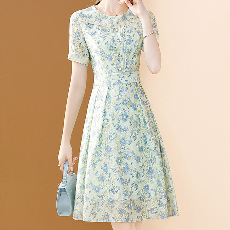 EVNISI Women Chic Floral Printing Πράσινο Φόρεμα Σιφόν Κομψό Γραφείο Fairy A-LINE Φορέματα Slim For Women Party Vestido