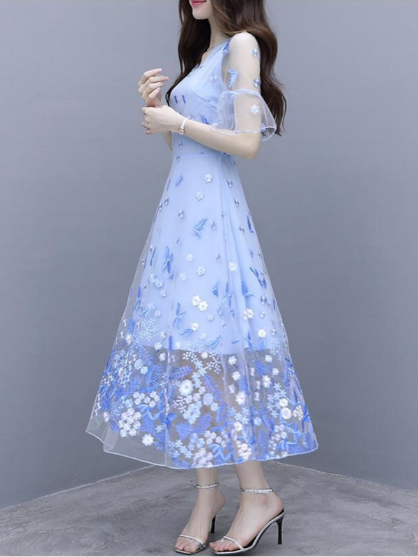 Tikand Põletusvarrukas Vabaaja võrk lilleline kleit Suvine Elegantne Tõmblukud Kevadkleidid Vöökohaga Korea mood Uued naisterõivad