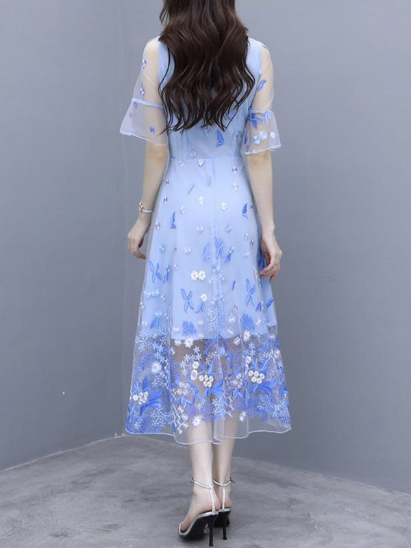 Tikand Põletusvarrukas Vabaaja võrk lilleline kleit Suvine Elegantne Tõmblukud Kevadkleidid Vöökohaga Korea mood Uued naisterõivad