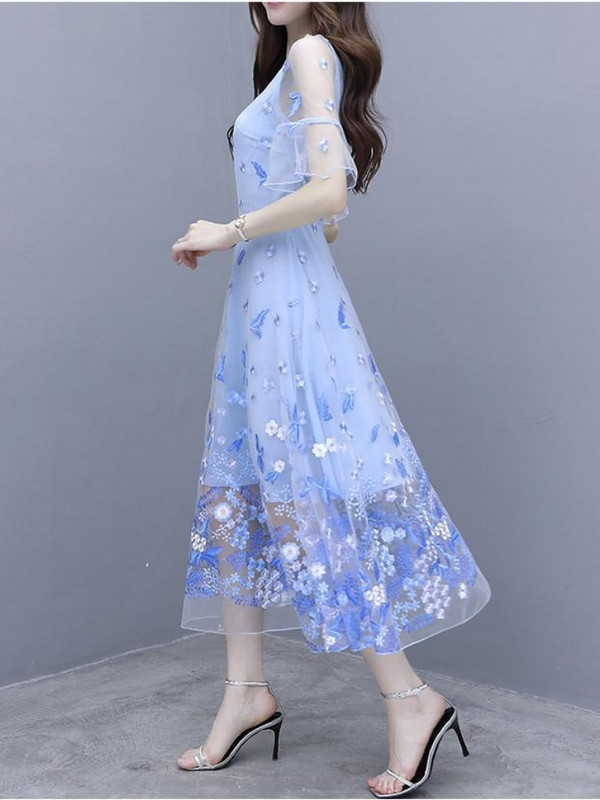 Tikand Põletusvarrukas Vabaaja võrk lilleline kleit Suvine Elegantne Tõmblukud Kevadkleidid Vöökohaga Korea mood Uued naisterõivad