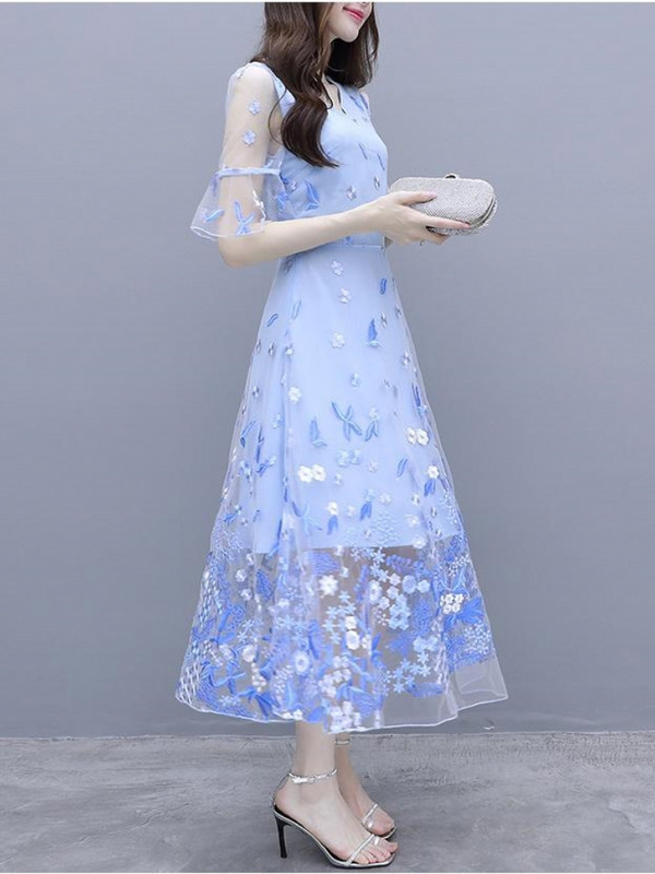 Tikand Põletusvarrukas Vabaaja võrk lilleline kleit Suvine Elegantne Tõmblukud Kevadkleidid Vöökohaga Korea mood Uued naisterõivad