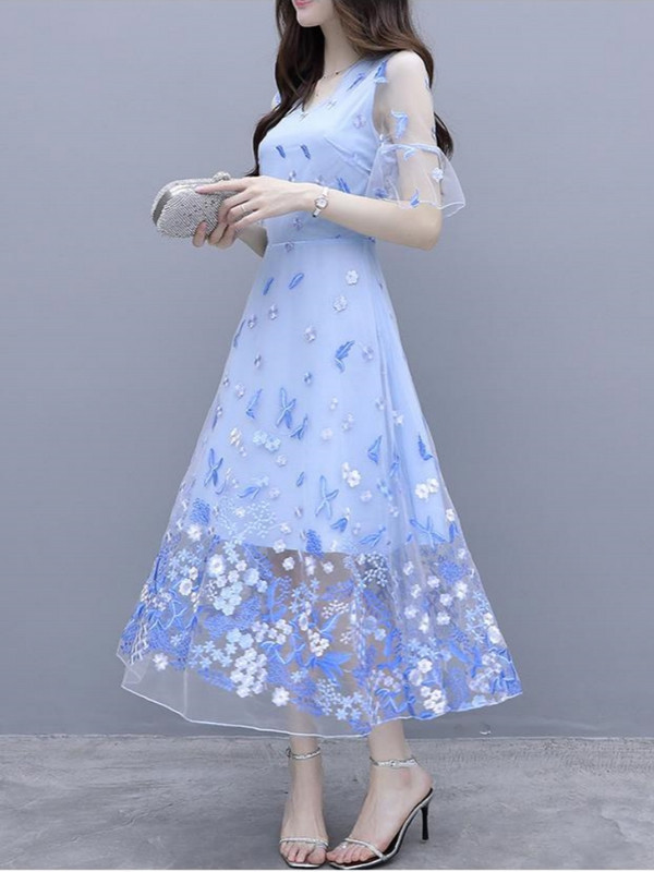 Tikand Põletusvarrukas Vabaaja võrk lilleline kleit Suvine Elegantne Tõmblukud Kevadkleidid Vöökohaga Korea mood Uued naisterõivad