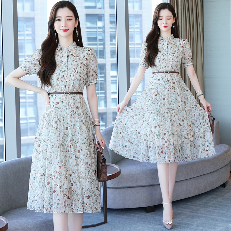 2024. aasta uus lilleline šifoonist lühikeste varrukatega midikleit naiste moodne vabaaja Boho Beach päikesekleit suvine elegantne kontori naiste peokleit