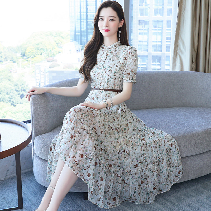 2024. aasta uus lilleline šifoonist lühikeste varrukatega midikleit naiste moodne vabaaja Boho Beach päikesekleit suvine elegantne kontori naiste peokleit