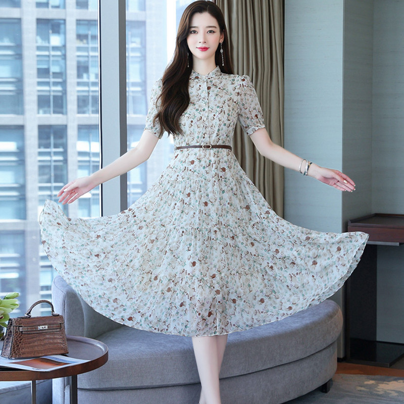 2024. aasta uus lilleline šifoonist lühikeste varrukatega midikleit naiste moodne vabaaja Boho Beach päikesekleit suvine elegantne kontori naiste peokleit