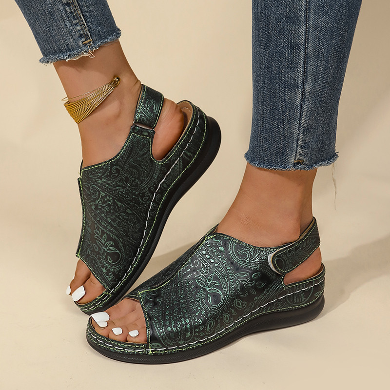 Pantofi de vară cu talpă moale și groasă, pantofi de vară pentru femei, 2024, cu imprimeu retro, sandale Roma, de dimensiuni mari, ocazionale, cu vârf deschis, sandale de femeie