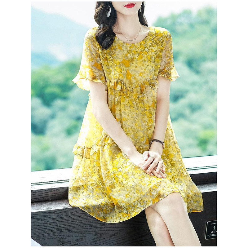 Elegáns O-nyakú, laza nyomtatott redők, fodros mini ruha Női ruházat 2023 nyár új, túlméretezett irodai női virágos ruha
