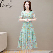 Ljetna cvjetna haljina od šifona Ženska ležerna haljina za plažu s V-izrezom Nova midi haljina kratkih rukava u francuskom stilu 2022. Odjeća uskog struka