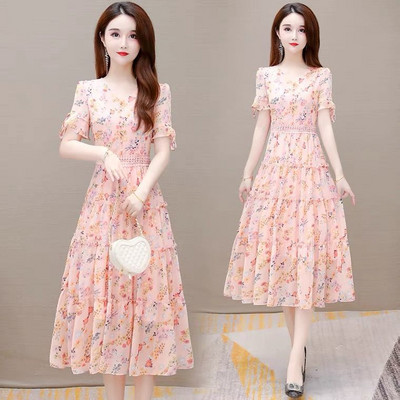 Ljetna cvjetna haljina od šifona Ženska ležerna haljina za plažu s V-izrezom Nova midi haljina kratkih rukava u francuskom stilu 2022. Odjeća uskog struka