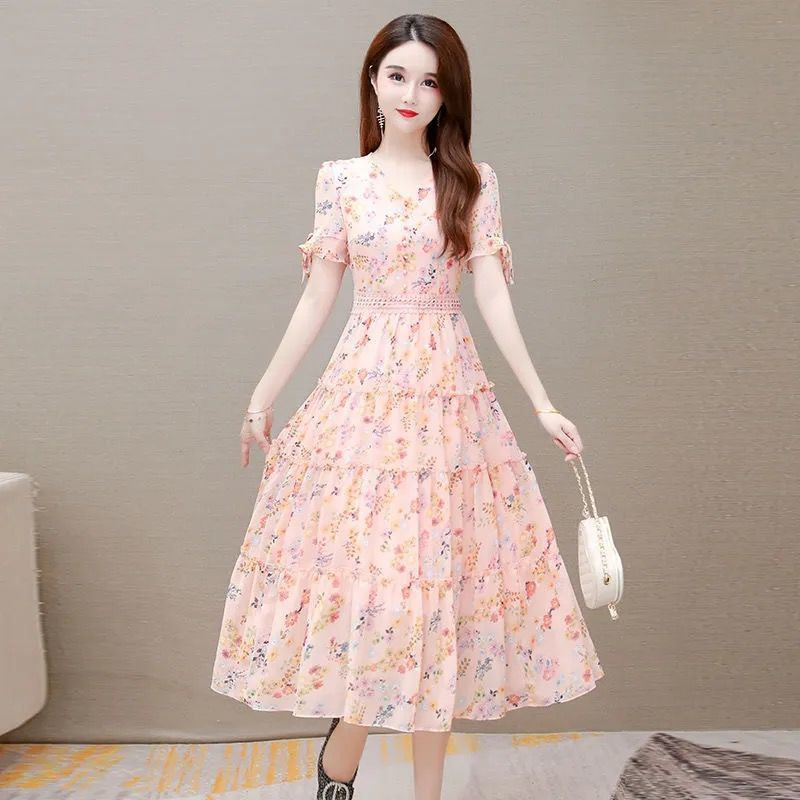 Ljetna cvjetna haljina od šifona Ženska ležerna haljina za plažu s V-izrezom Nova midi haljina kratkih rukava u francuskom stilu 2022. Odjeća uskog struka