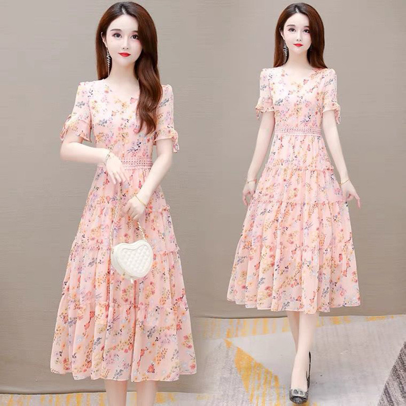 Ljetna cvjetna haljina od šifona Ženska ležerna haljina za plažu s V-izrezom Nova midi haljina kratkih rukava u francuskom stilu 2022. Odjeća uskog struka