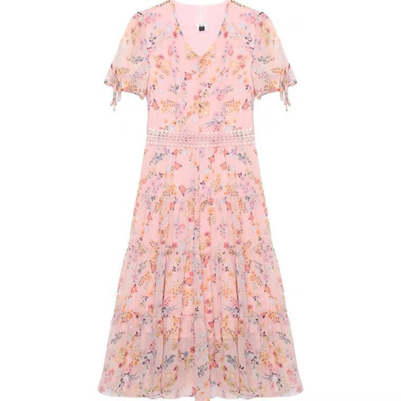 Ljetna cvjetna haljina od šifona Ženska ležerna haljina za plažu s V-izrezom Nova midi haljina kratkih rukava u francuskom stilu 2022. Odjeća uskog struka