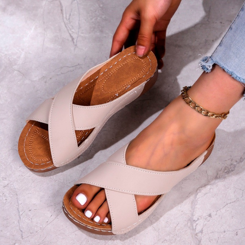 2024 Νέα καλοκαιρινά γυναικεία πέδιλα σφηνών κορυφαίων ορθοπεδικών σανδάλια ανοιχτής μύτης Vintage αντιολισθητικά δερμάτινα casual γυναικεία παπούτσια πλατφόρμας