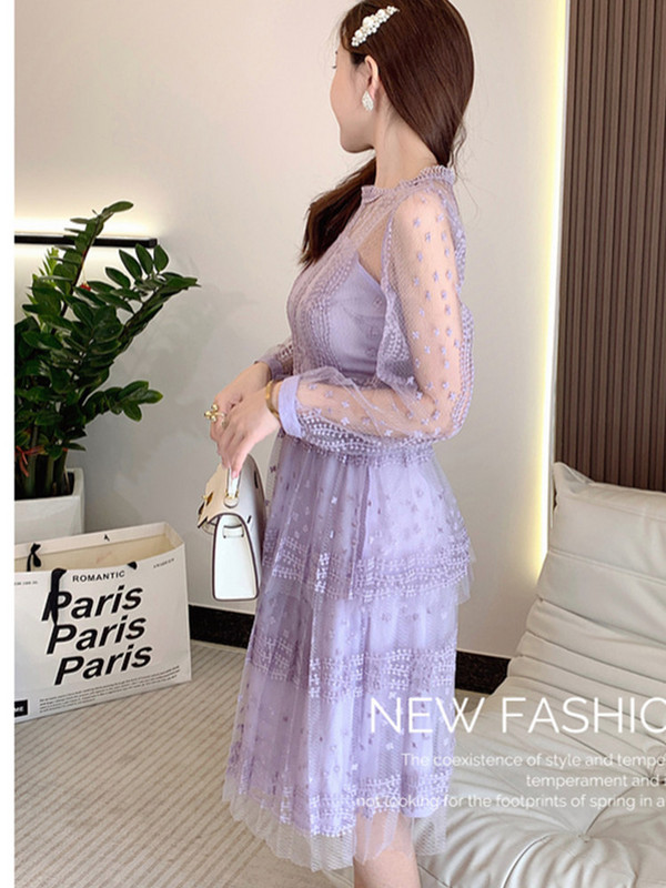 SMTHMA uus kevadlilla pitsiga võrktikandiga kleit naistele pikkade varrukatega ümarkaelusega disainiga Runway kleidid Vestidos